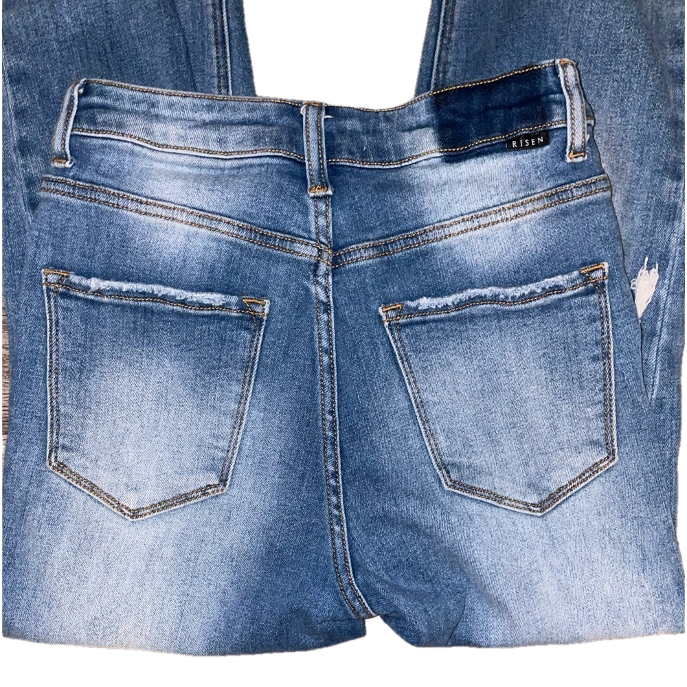 RISEN Jeans Distressed Two Tone Denim Straight Women Size 3 Boho Stretch Edgy - Picture 9 of 12
